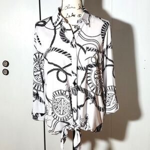 NV Gard- Black & White Nautical Coastal Blouse Silver Buttons Satin Feel Sz. M